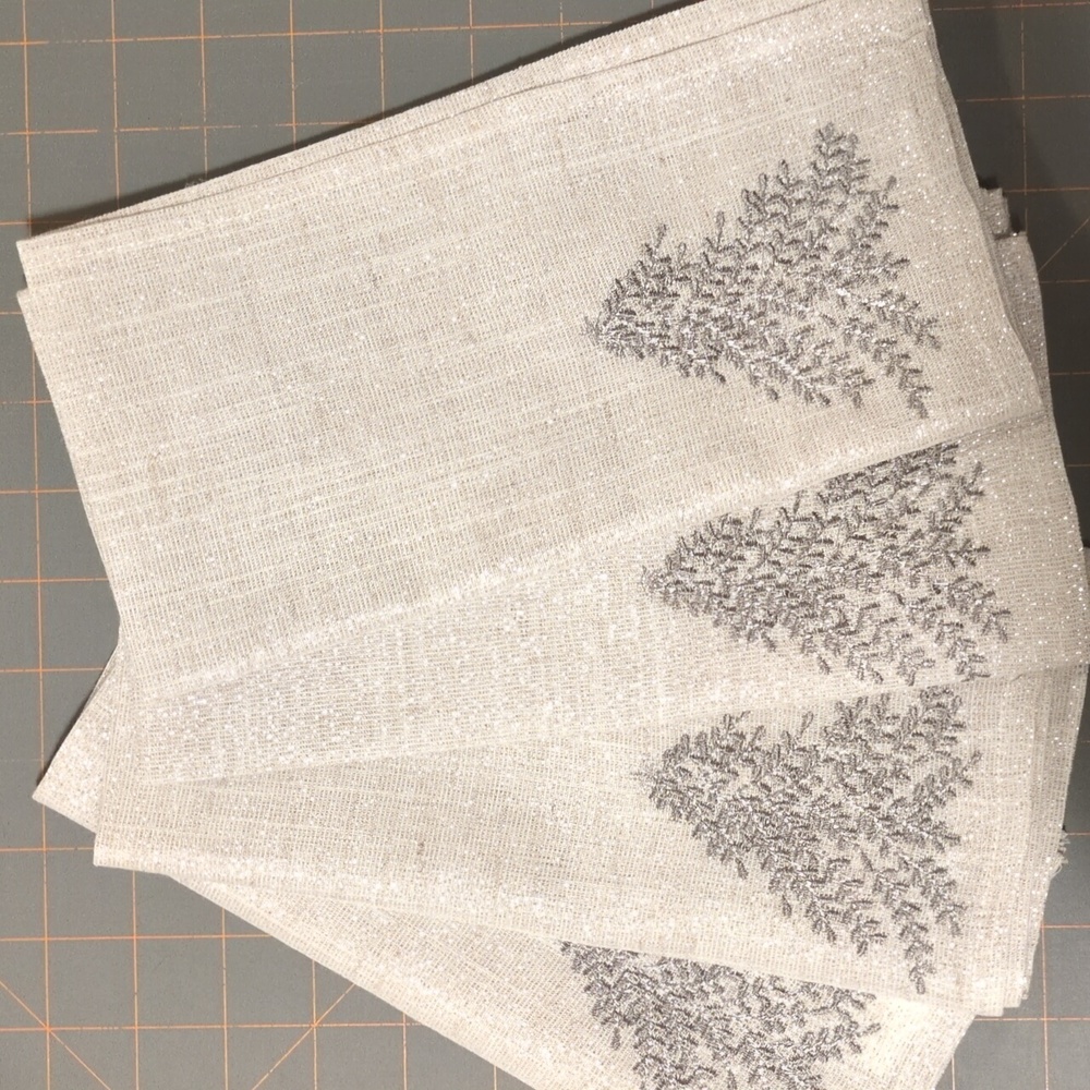 Silver Trees Embroidered Christmas  Holiday Dinner Napkins - Set of 4